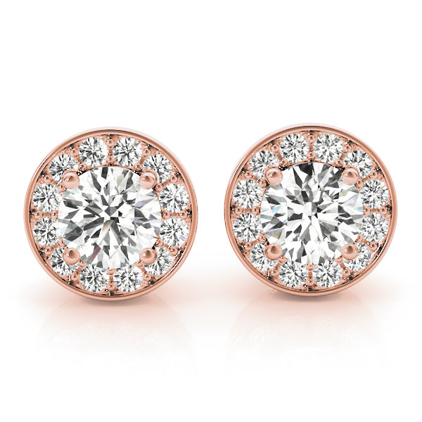 14K Rose Gold Round Diamond Halo Earrings